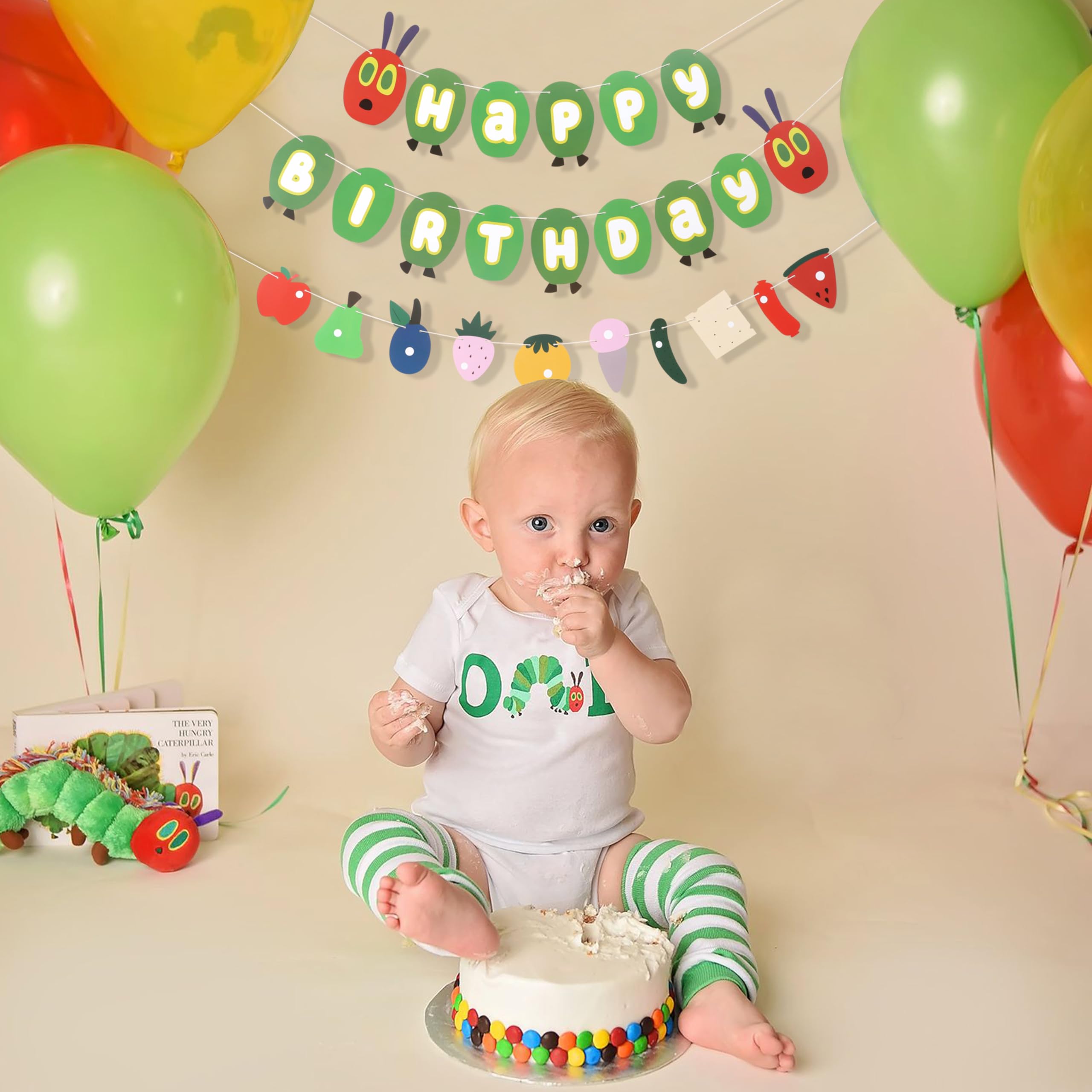 Hungry Caterpillar Happy Birthday Banner - Caterpillar Themed Birthday Party Decorations,Hungry Caterpillar Birthday Fruit Garland,Caterpillar Cake Smash Party Decor,First Birthday Photo Props