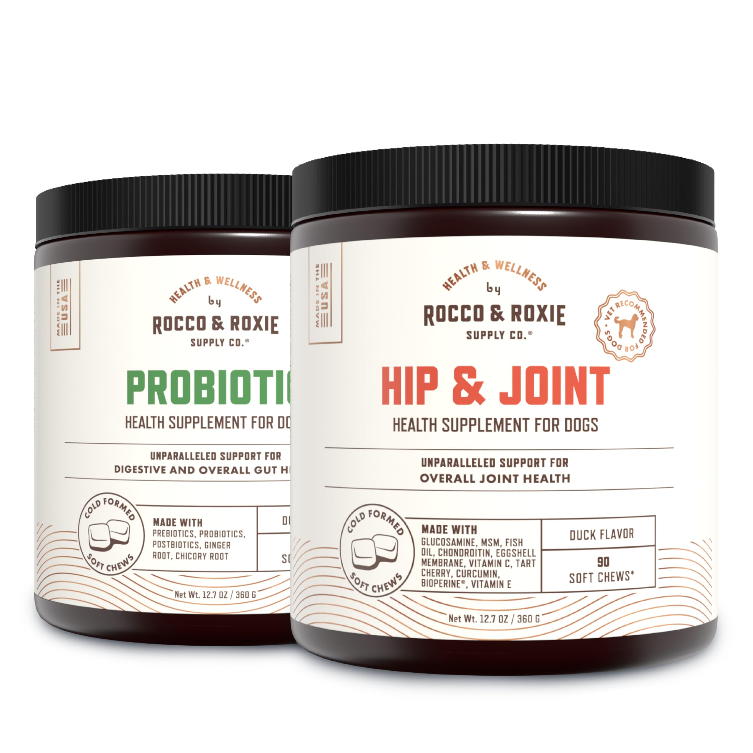 Rocco & Roxie Dog Glucosamine Hip and Joint & Probiotic Supplements Bundle