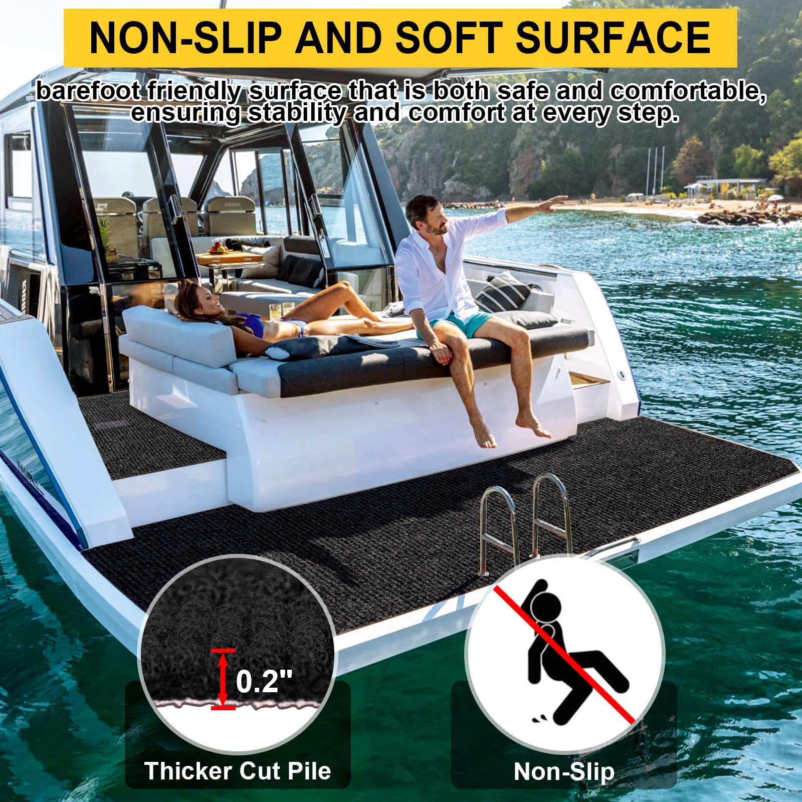 Grefinity Marine Carpet,6 FT x 18 FT Black Indoor Outdoor Carpet 0.2" Thick Boat Carpet with Water-Proof TPE Backing, Non-Slide Outdoor Marine Carpet Roll for Home, Patio, Porch, Deck