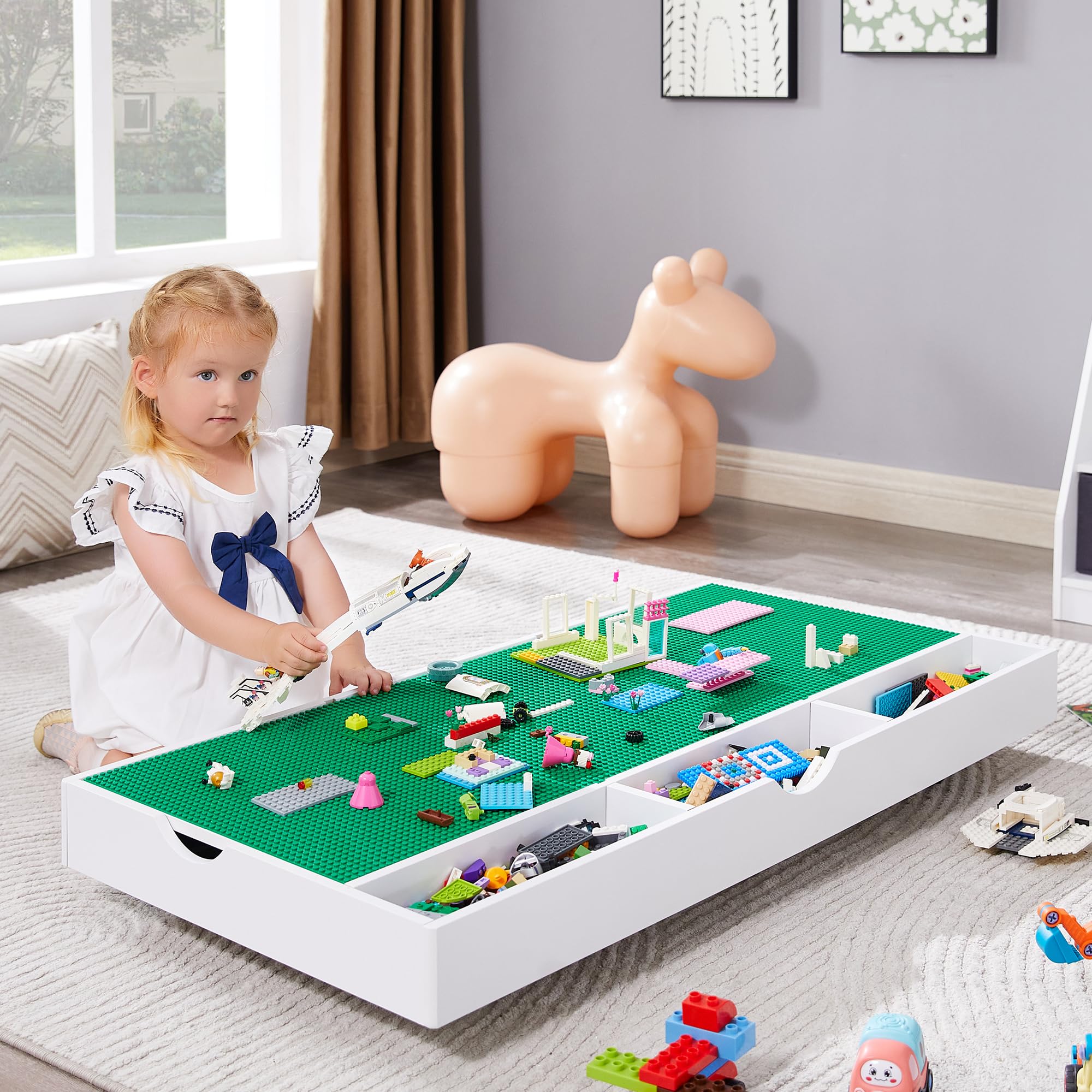 2 in 1 Construction Play Table Compatible with Lego, Game Table with Block Board and Train Car, Rolling Game Table with Locking Wheels and Storage Space, Suitable for Storing Under Bed or Sofa (White)