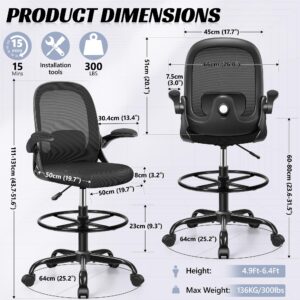 AtHope Drafting Chair, Tall Office Chair Ergonomic Standing Desk Chair,with Adjustable Footrest Ring, 3D Lumbar Support, Flip-up Armrests, Swivel Desk Stool for Drawing Working (Black)