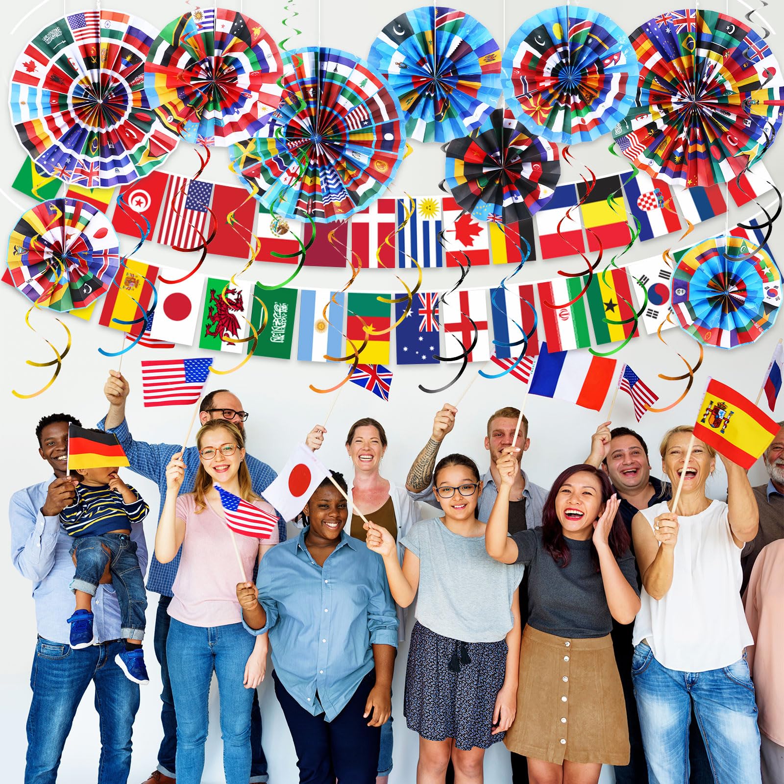 Outus 22 Pcs International World Flags Decorations Paper Fans World Flags Banner International Flag Hanging Swirls for Garland Ceilings School Office Party Decorations Supplies