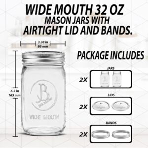 Wide Mouth Mason Jars 32 oz - (2 Pack) - Clear Glass Quart Mason Jars With Airtight Lids and Bands. For Storage, Canning, Fermenting, Meal Prep, Cold Brew Coffee, Freezing, Microwave & Dishwasher Safe