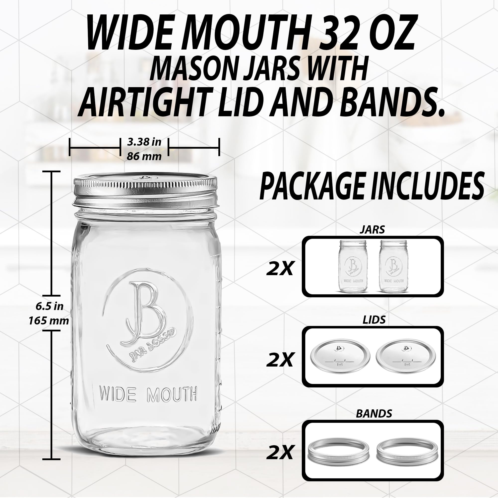 Wide Mouth Mason Jars 32 oz - (2 Pack) - Clear Glass Quart Mason Jars With Airtight Lids and Bands. For Storage, Canning, Fermenting, Meal Prep, Cold Brew Coffee, Freezing, Microwave & Dishwasher Safe