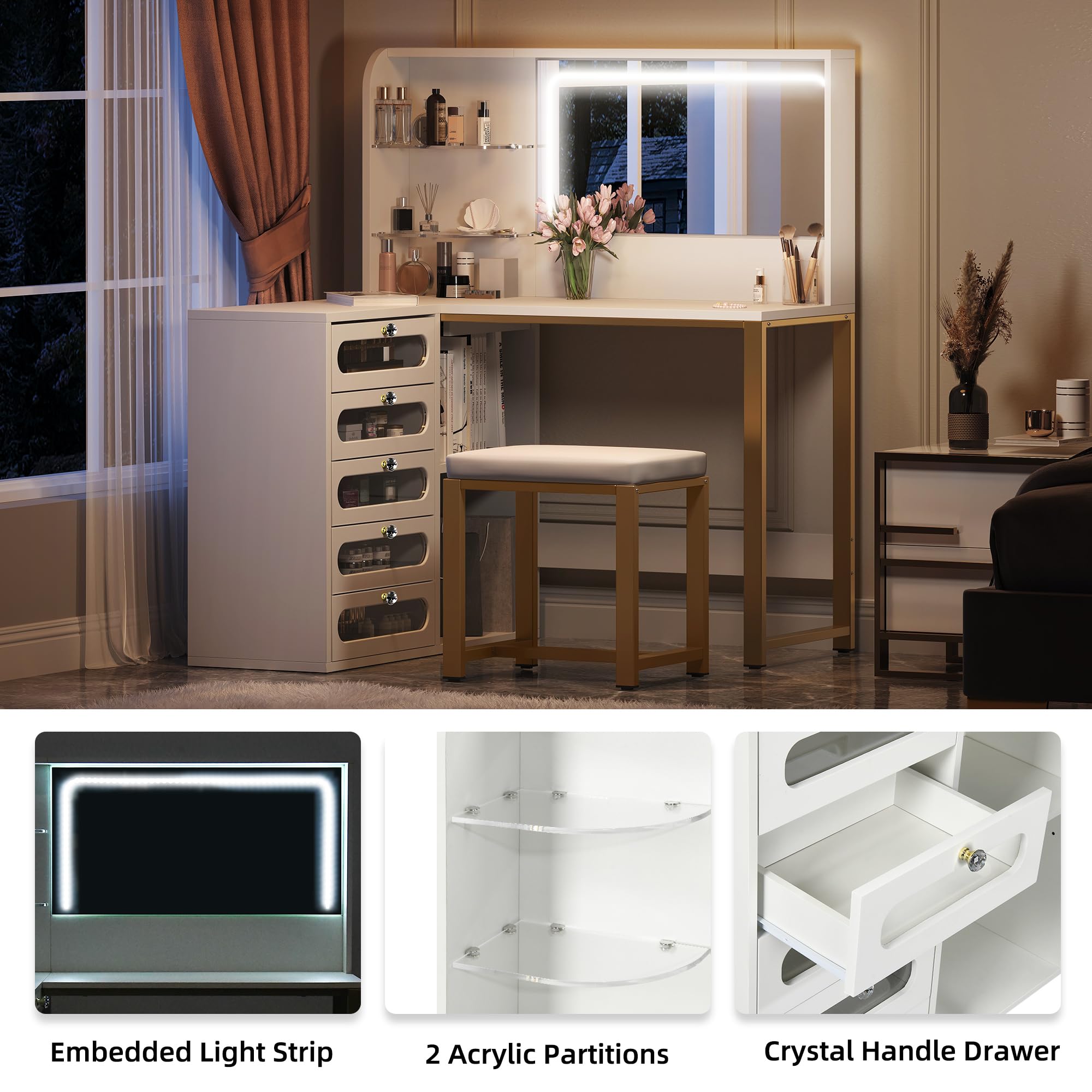 DWVO Vanity Desk with Drawers & LED Lighted Mirror 3 Lighting Mode & 48" L Shaped Corner White Vanity Set with Stool, 5 Acrylic Drawer Cabinet, Stylish Bedroom Makeup Table Set, White