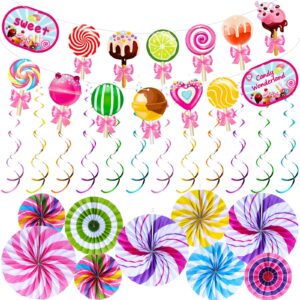 outus 22 pcs candy party decorations paper fans candy hanging swirls colorful lollipop banner for garland ceilings candyland theme kids birthday party supplies