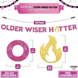 KatchOn, Glitter Older Wiser Hotter Banner - No DIY, 10 Feet | Pink Birthday Banner for Birthday Decorations Adult Women | Older Wiser Hotter Birthday Banner for Pink Funny Birthday Decorations