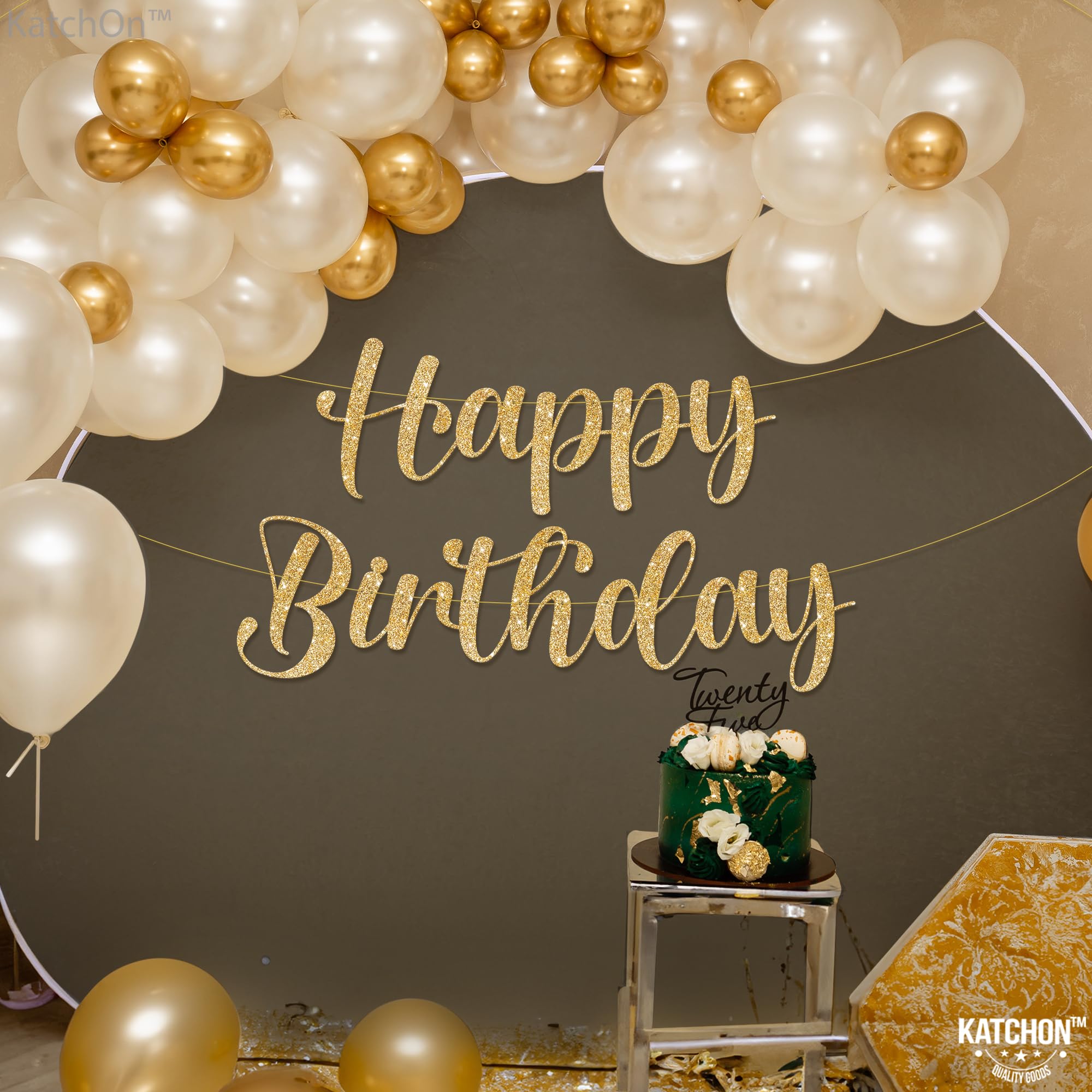 KatchOn, Glitter Gold Happy Birthday Banner - Pre-Strung, 10 Feet | Gold Happy Birthday Sign for Backdrop | Gold Birthday Banner for Happy Birthday Decorations | Backdrop for Gold Birthday Decorations