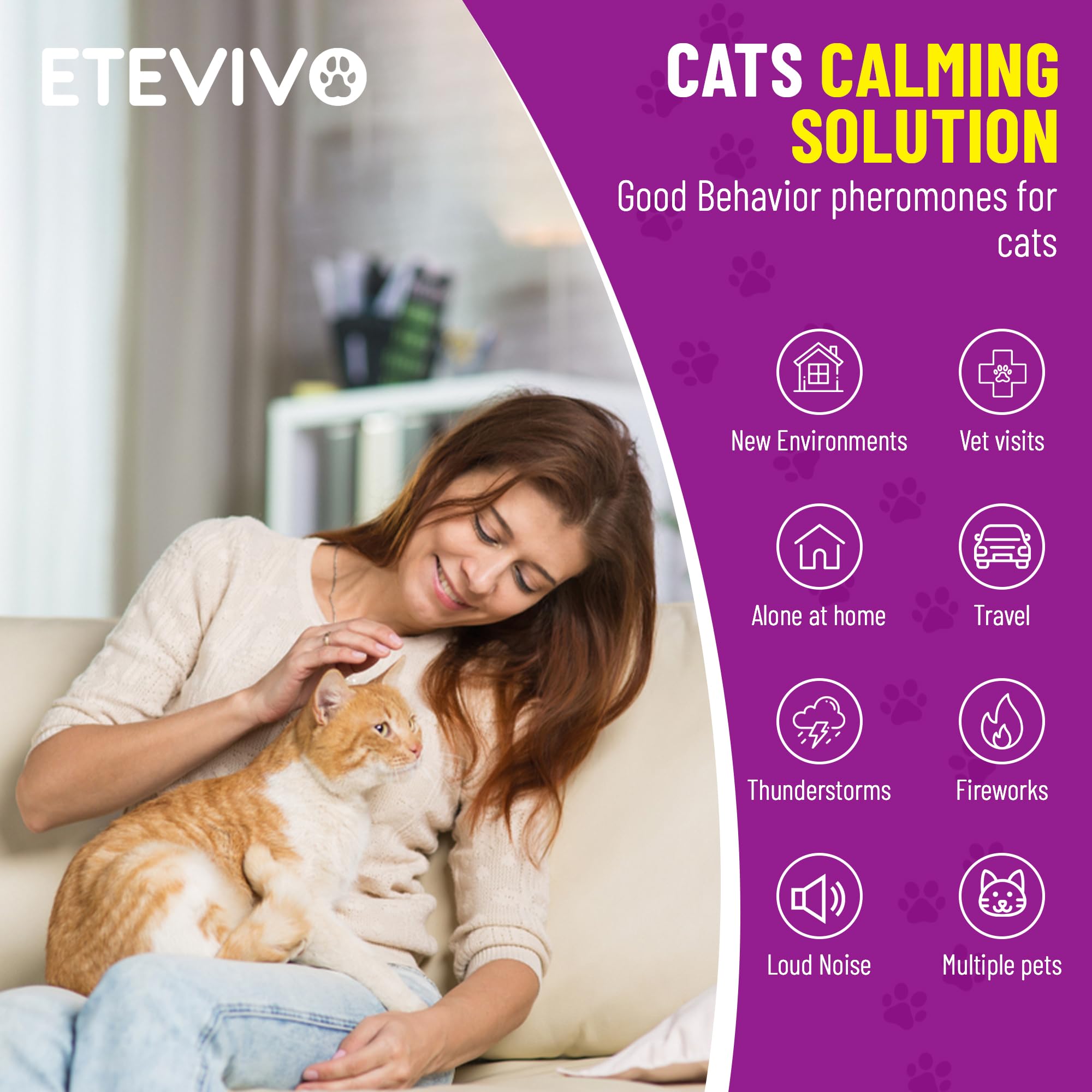 ETEVIVO Cat Pheromones Calming Diffuser Cat Anxiety Relief Pheromones for Cats Promotes Well-Being & Comfort Cat Calming Diffuser with 2 Refills 60 Days Long Lasting Serenity