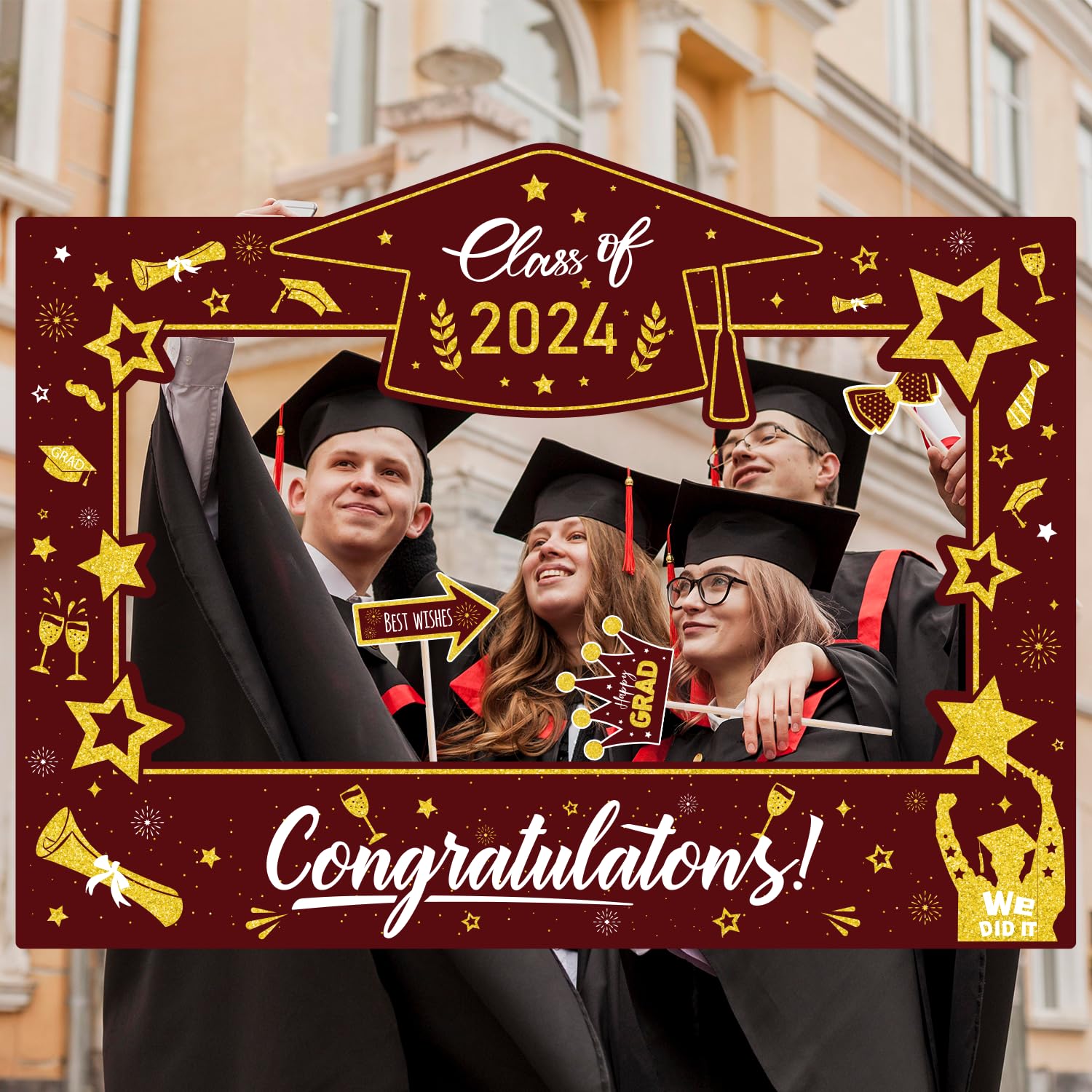 Graduation Decorations Class of 2024 Photo Booth Props - Maroon and Gold 2024 Graduation Frame & Photo Props Congrats Grad Class of 2024 Decor for Graduation Party Supplies