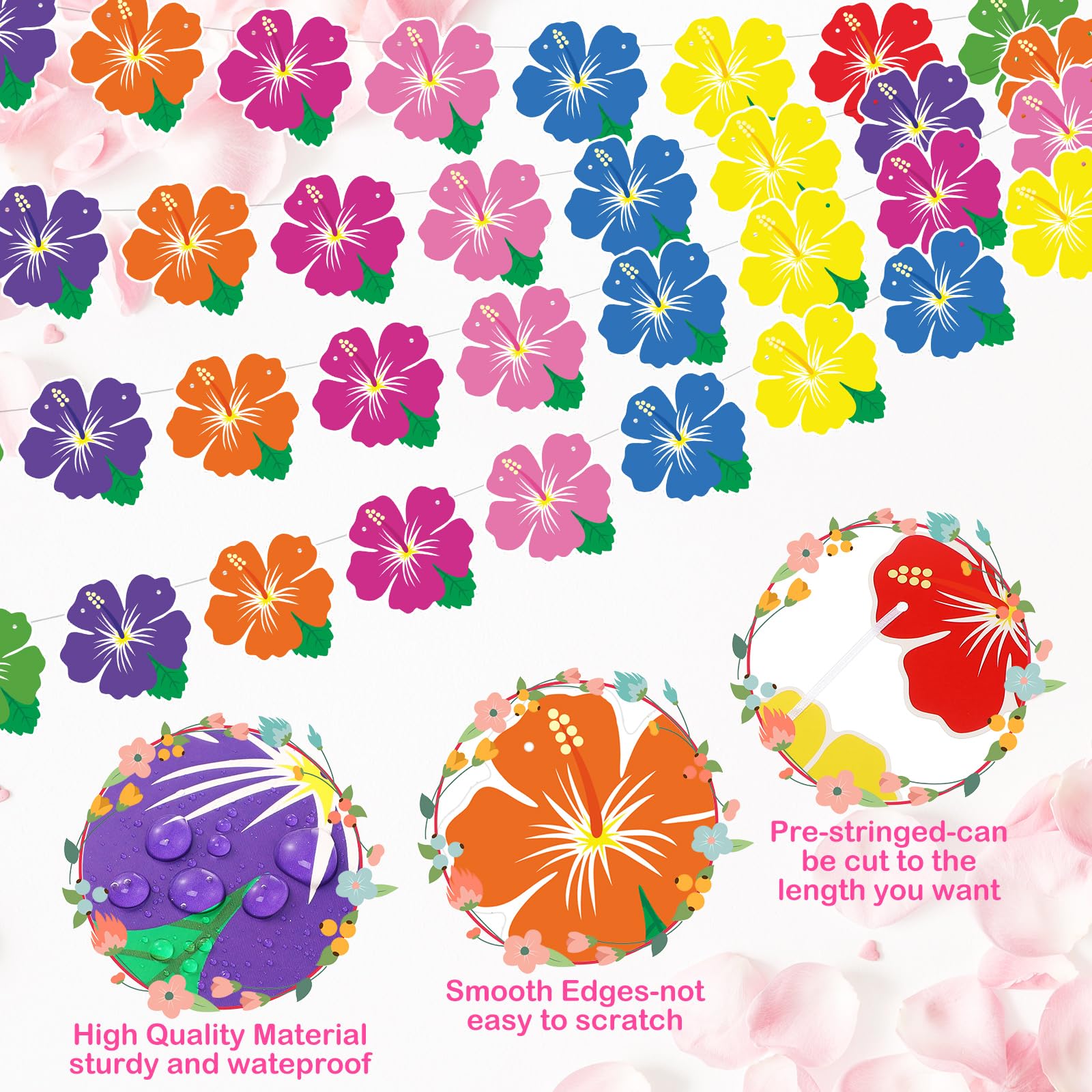 Trandraft 5 Pack Hawaiian Tropical Garland Luau Hibiscus Flower Lei Garland Banners Multicolor Aloha Hanging Garland Hawaiian Tropical Cutouts Banners for Hawaiian Summer Beach Pool Birthday Party