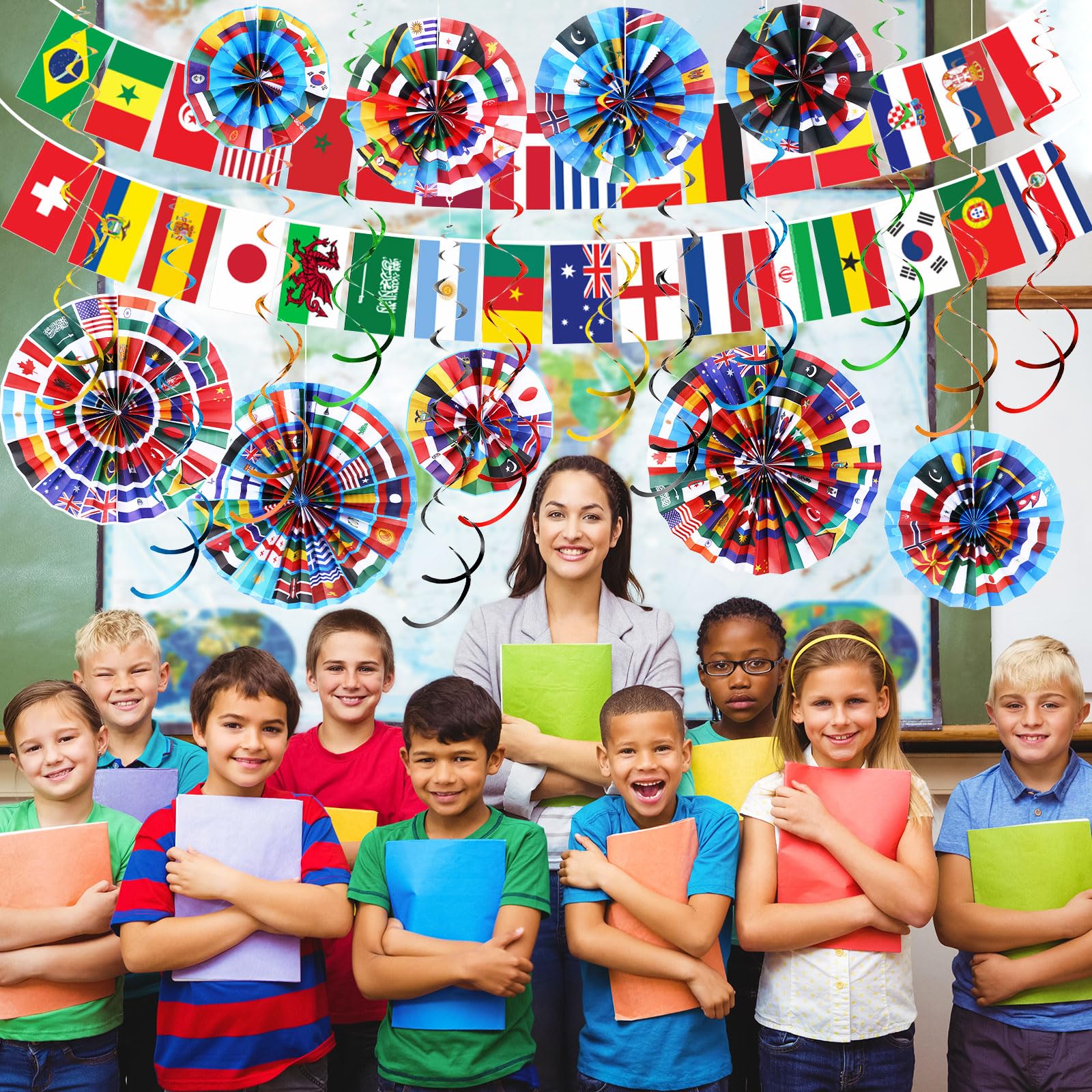 Outus 22 Pcs International World Flags Decorations Paper Fans World Flags Banner International Flag Hanging Swirls for Garland Ceilings School Office Party Decorations Supplies