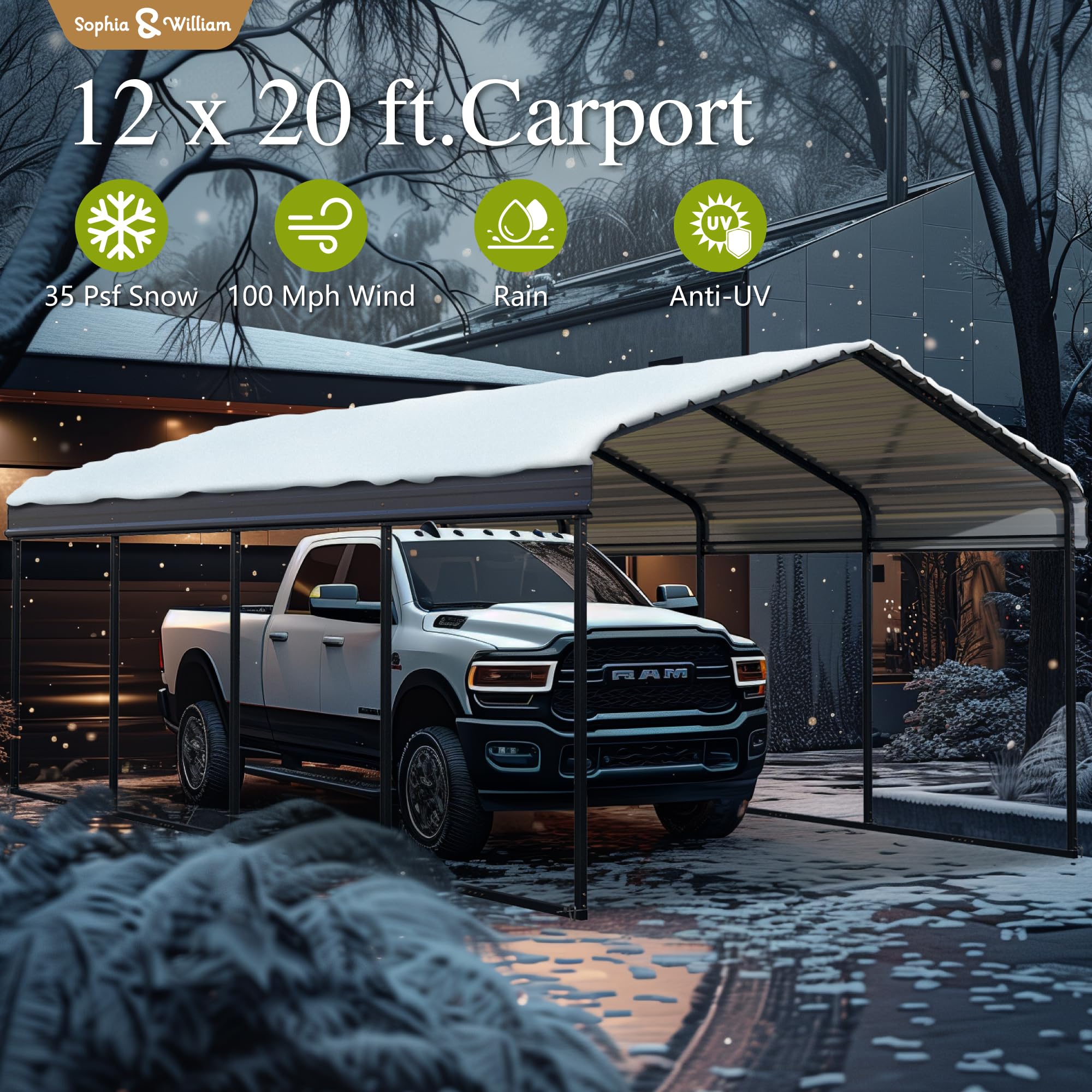 Carport Car Port Metal Canopy 12x20 ft Heavy Duty for Snow, Portable Garage Kit Shed Tent Shelter Metal Frame All Weather Outdoor for Boat with Anti-Leak Seam Taped, Dark Grey, Sophia & William