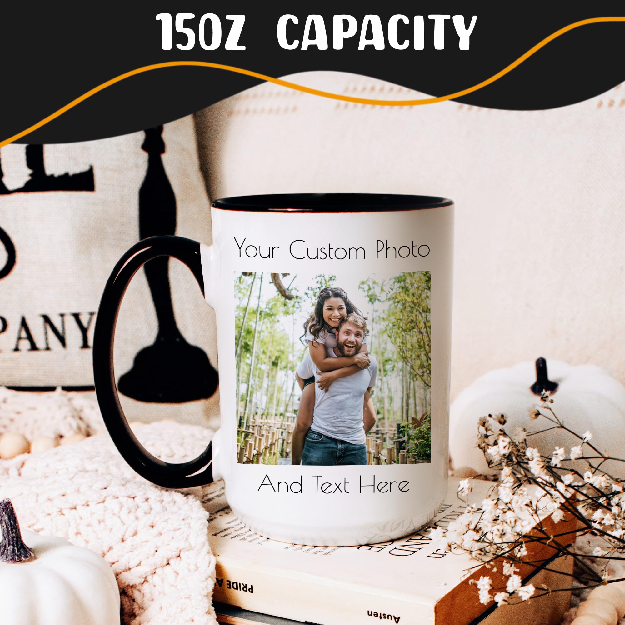 Giftbees Personalized Coffee Mug 15 Oz, Custom Picture Text or Logo Ceramic Mug, Customized Gift for Men & Women, Taza Personalizada with Photo and Words, Customizable Large Tea Cup | White - Black