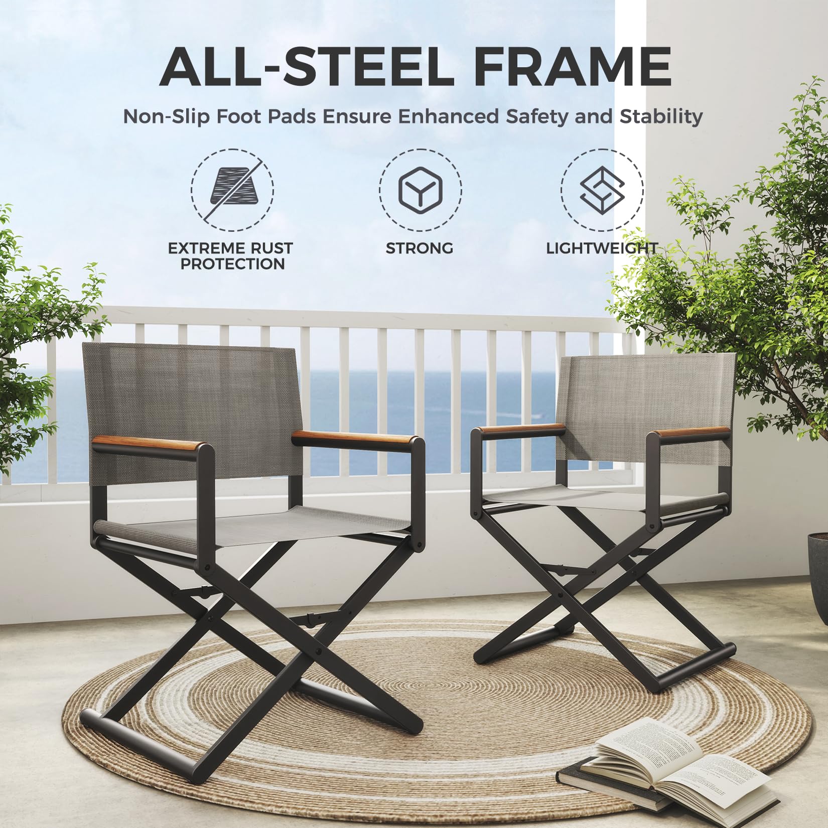 Grand patio Extra-Wide 2-Pack Directors Chairs, Folding Dining Chair Set of 2 with Sling, Woodgrain Armrests, Outdoor, Black