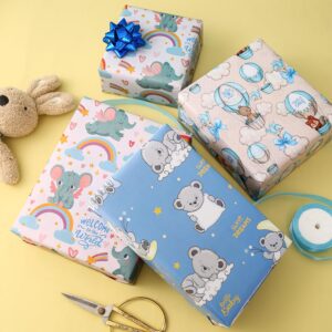 BOLIANNE Baby Shower Wrapping Paper - Gift Wrapping Paper for Boys Girls Kids with Cute Baby Bears Elephants Hedgehogs, 6 Large Sheets Baby Gift Wrap for Birthday Holiday, 27 X 37 Inch