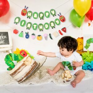 Hungry Caterpillar Happy Birthday Banner - Caterpillar Themed Birthday Party Decorations,Hungry Caterpillar Birthday Fruit Garland,Caterpillar Cake Smash Party Decor,First Birthday Photo Props