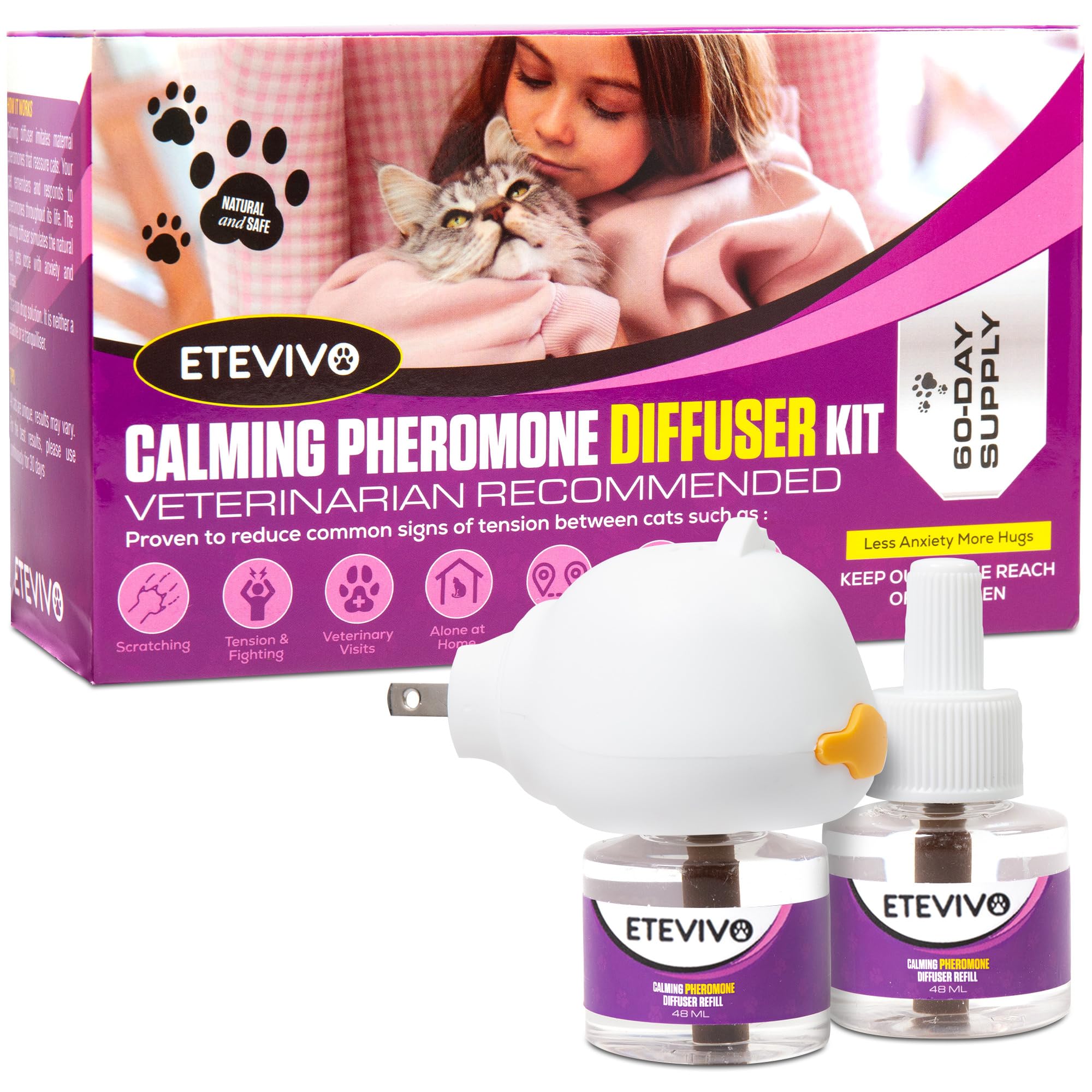 ETEVIVO Cat Pheromones Calming Diffuser Cat Anxiety Relief Pheromones for Cats Promotes Well-Being & Comfort Cat Calming Diffuser with 2 Refills 60 Days Long Lasting Serenity