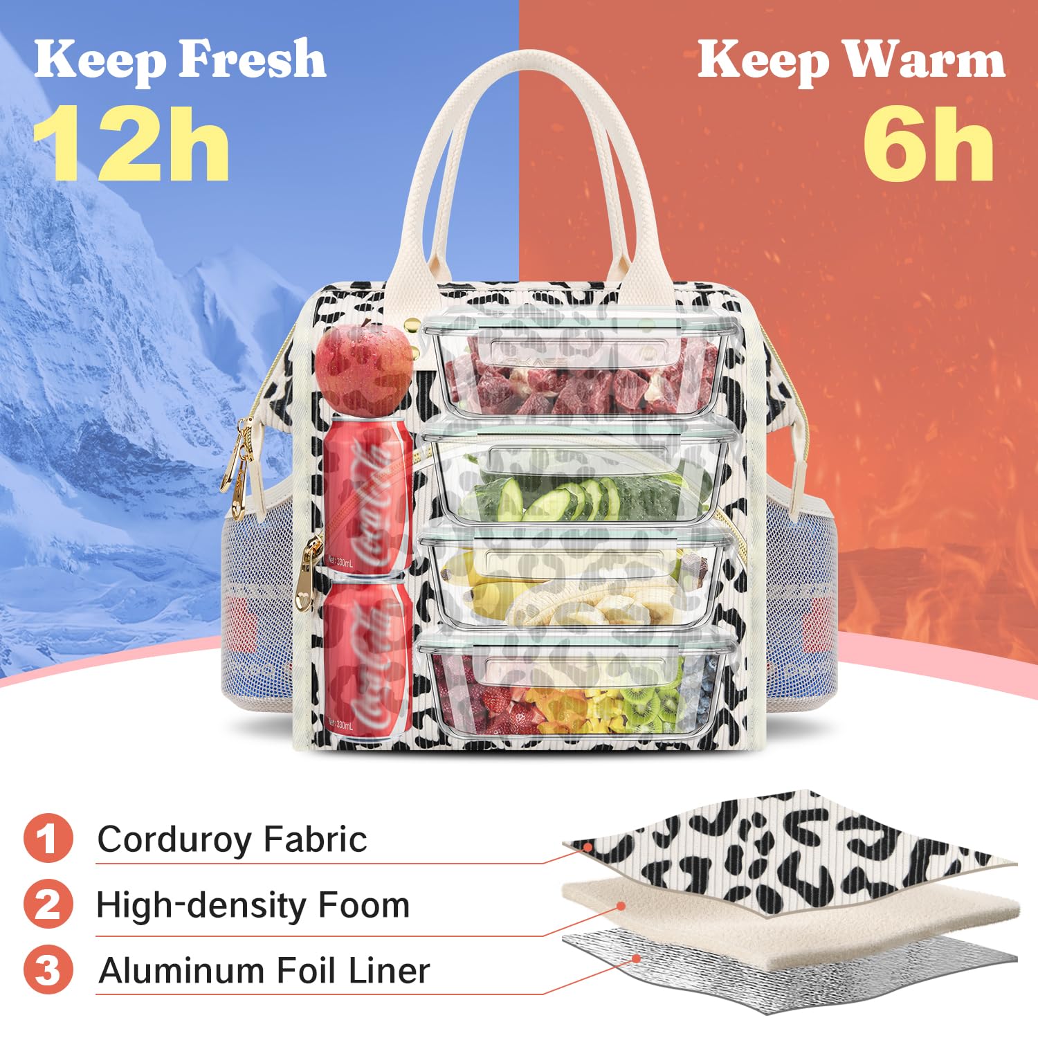 Lunch Bag Women Insulated Lunch Box Wide-Open Lunch Tote Bag Large Drinks Holder Durable Nylon Thermal Snacks Organizer for Men Adults Work Picnic Hiking Beach Fishing, Strawberry Corduroy