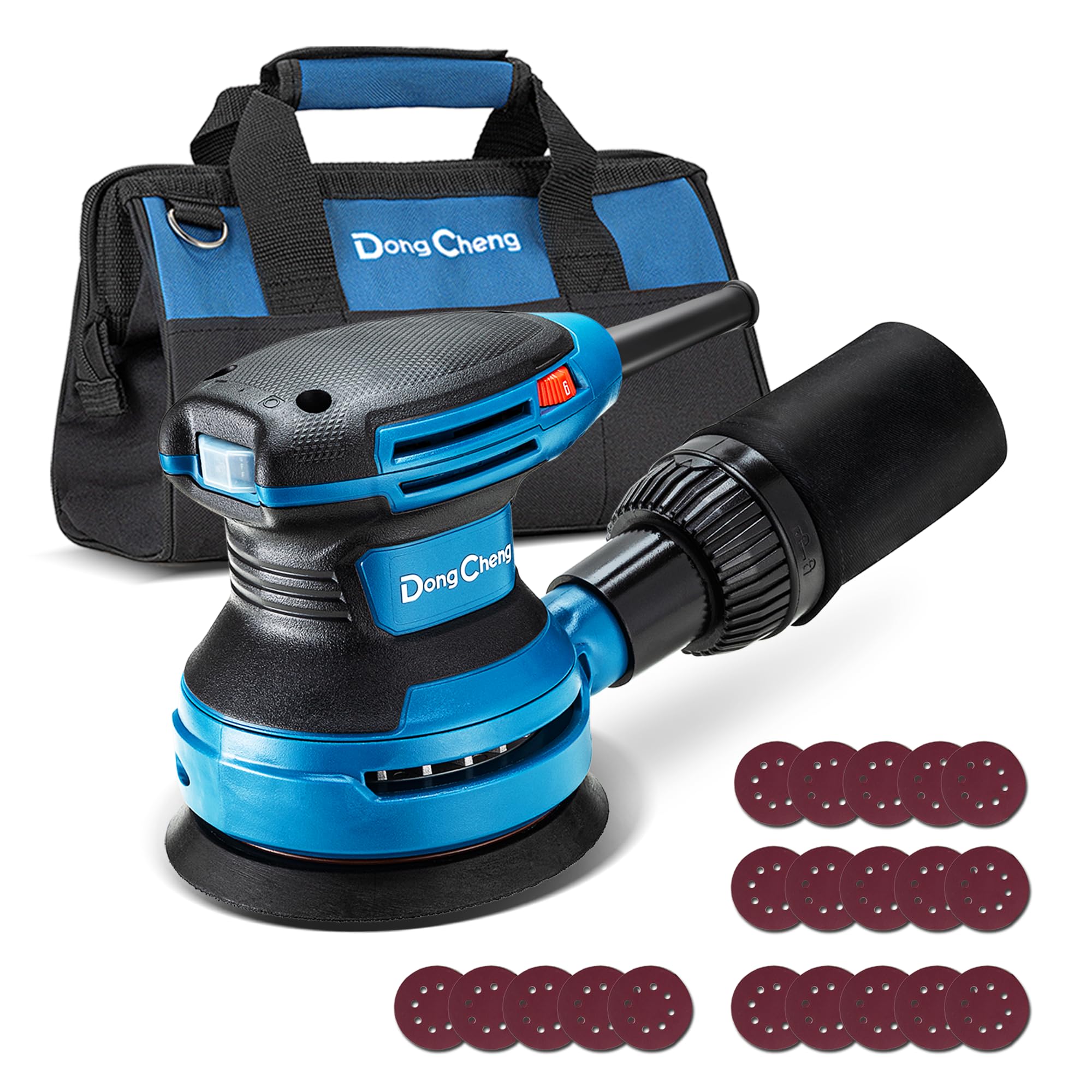 Dong Cheng 5-Inch Random Orbital Sander 380W 12800OPM Electric Palm Sander, 6 Variable Speeds, with 20pcs Sandpaper & Detachable Dust Bag, Power Sander for Woodworking, Sanding & Polishing