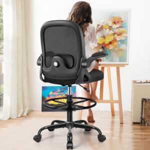 athope drafting chair, tall office chair ergonomic standing desk chair,with adjustable footrest ring, 3d lumbar support, flip-up armrests, swivel desk stool for drawing working (black)