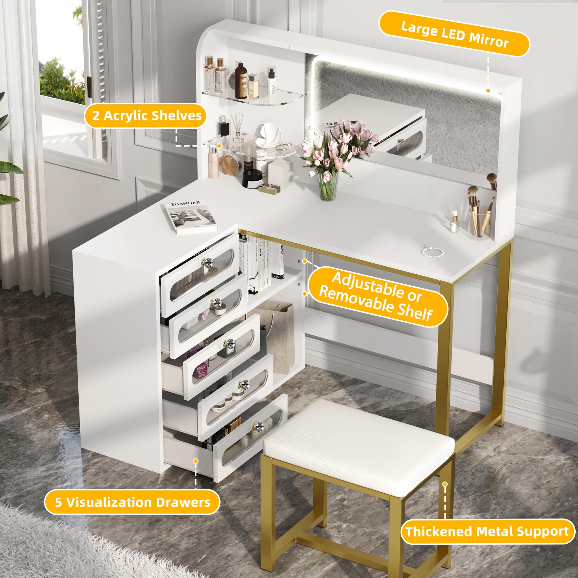 DWVO Vanity Desk with Drawers & LED Lighted Mirror 3 Lighting Mode & 48" L Shaped Corner White Vanity Set with Stool, 5 Acrylic Drawer Cabinet, Stylish Bedroom Makeup Table Set, White