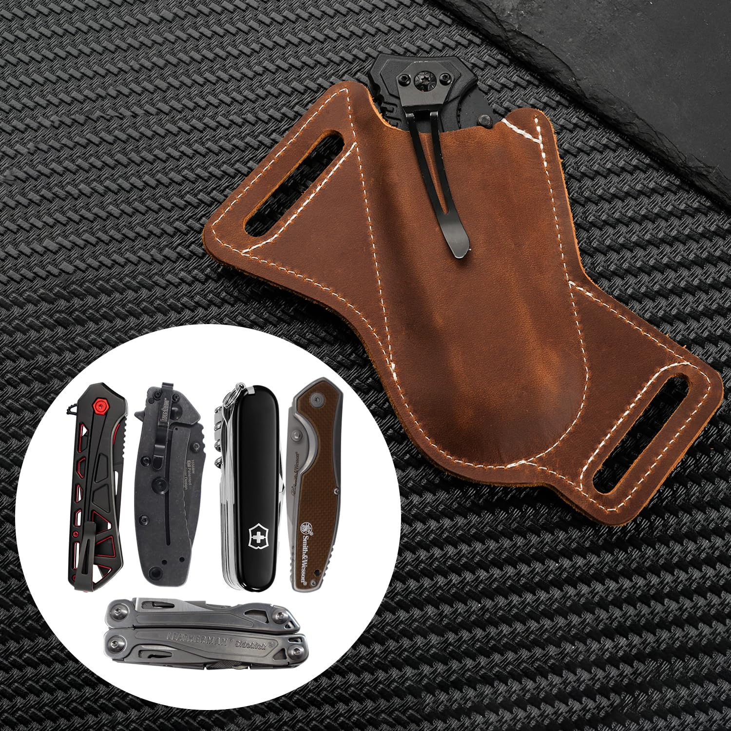 Pocket Knife Sheath for 5 inch, Knife Holder for Belt, Belt Knife Sheath, EDC Multitool Holster, Portable Folding Bulk Knives Pouch for Outdoor, Premium Handwork Gift for Men