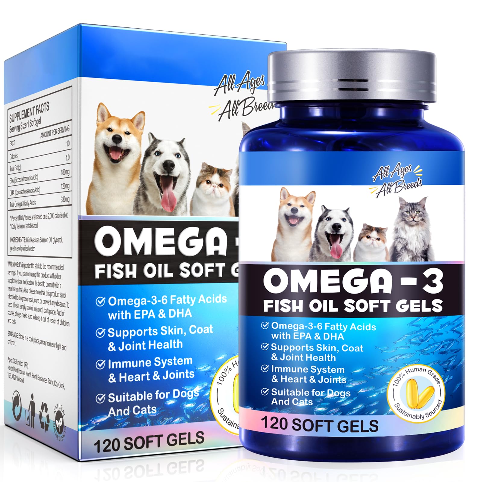 Omega-3 Fish Oil for Dogs, Omega 3 Fish Oil with EPA & DHA Supports Dogs Seasonal Allergies Relief, Boosts Immune Function, Itch Skin Relief & Promote Coat Health, Pet Supplements - 120 Soft Gels