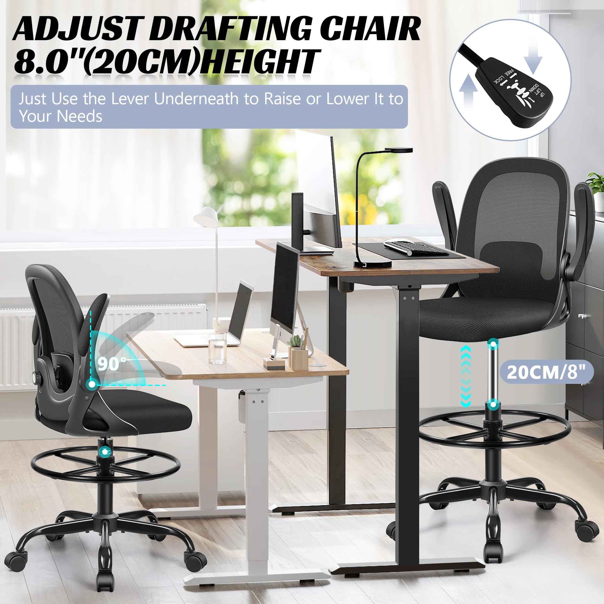 AtHope Drafting Chair, Tall Office Chair Ergonomic Standing Desk Chair,with Adjustable Footrest Ring, 3D Lumbar Support, Flip-up Armrests, Swivel Desk Stool for Drawing Working (Black)