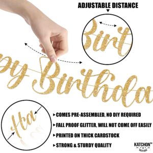 KatchOn, Glitter Gold Happy Birthday Banner - Pre-Strung, 10 Feet | Gold Happy Birthday Sign for Backdrop | Gold Birthday Banner for Happy Birthday Decorations | Backdrop for Gold Birthday Decorations