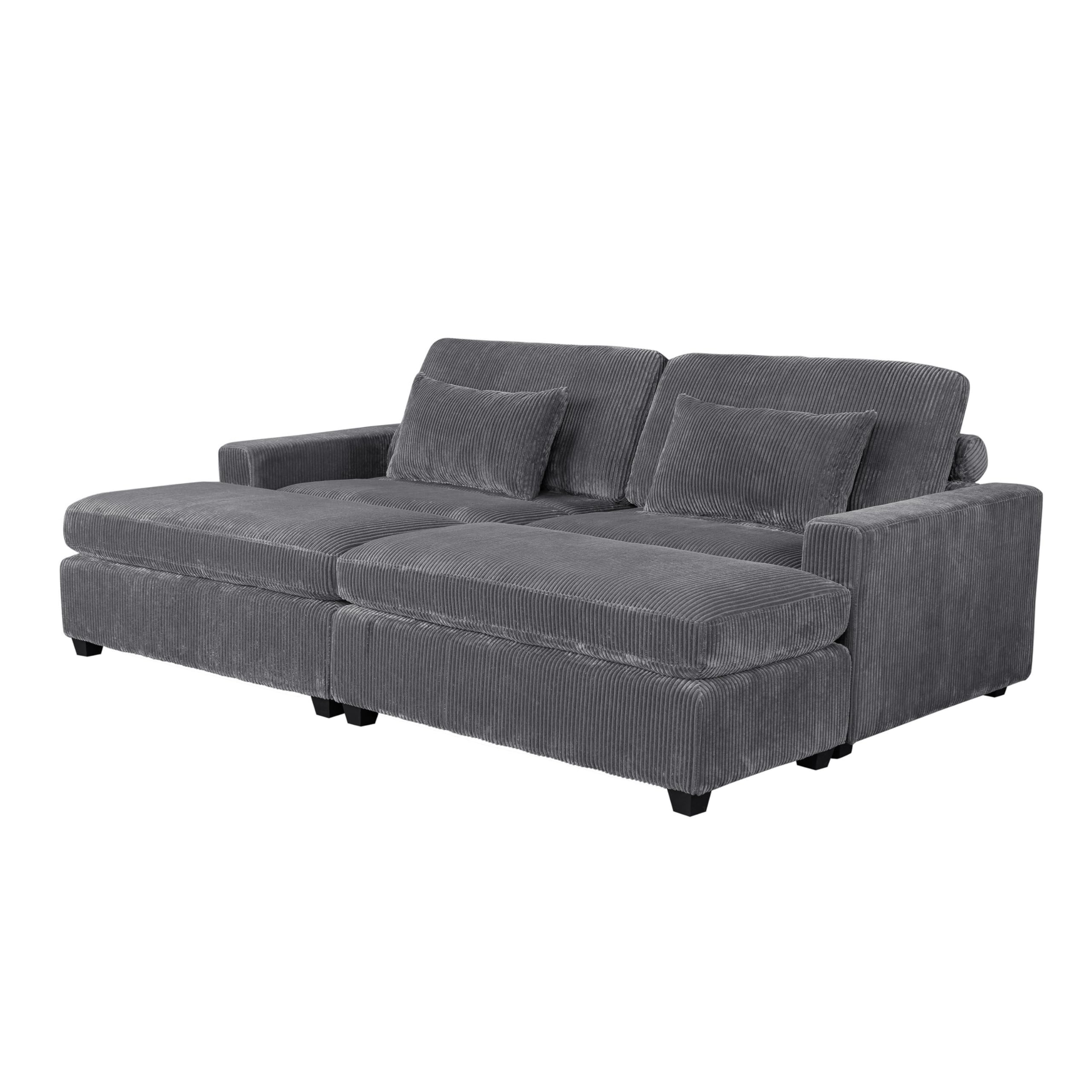 JIVOIT 90'' Square Arm Sofa with Two Detachable Ottomans, Velvet Fabric Sofa Set with Removable Back Cushions and 2 Pillows, Couch for Living Room, Office, Apartment (Grey * 037)