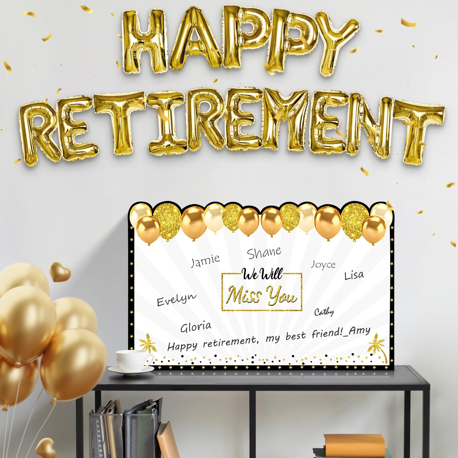 Kuxriox Happy Retirement Party Decorations Card for Men Women, Black Gold Large Retirement Card With Envelope, Jumbo Happy Retired Guest Book Greeting Card, Giant Farewell Retired Card Gifts