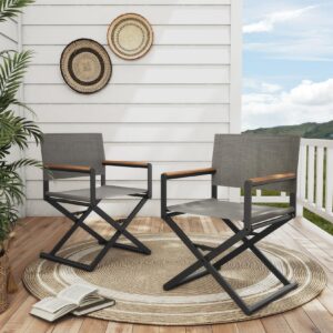 grand patio extra-wide 2-pack directors chairs, folding dining chair set of 2 with sling, woodgrain armrests, outdoor, black