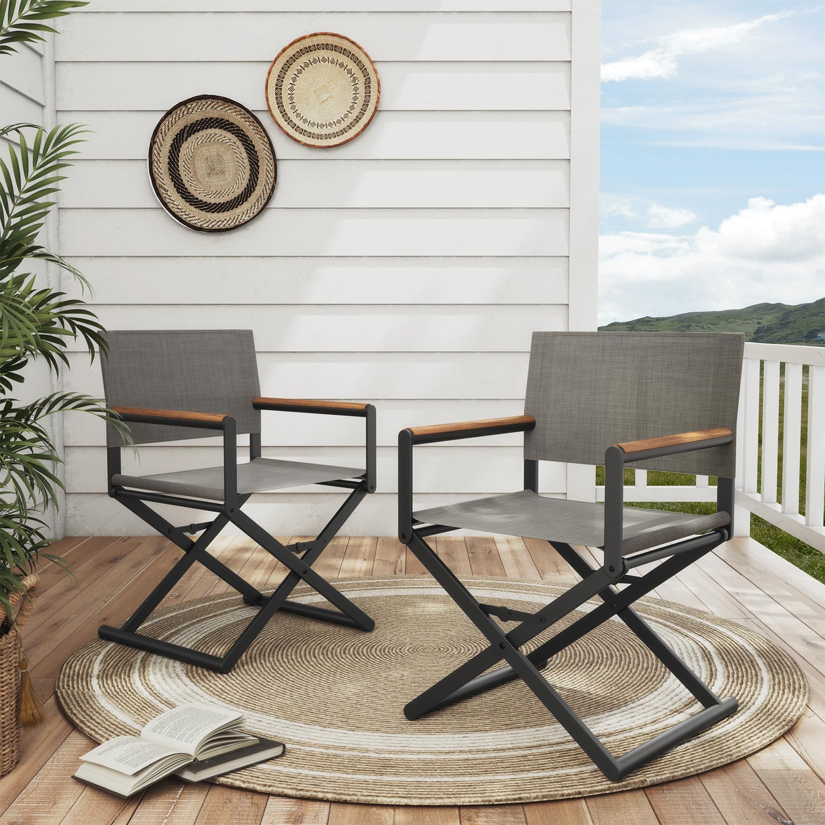 Grand patio Extra-Wide 2-Pack Directors Chairs, Folding Dining Chair Set of 2 with Sling, Woodgrain Armrests, Outdoor, Black