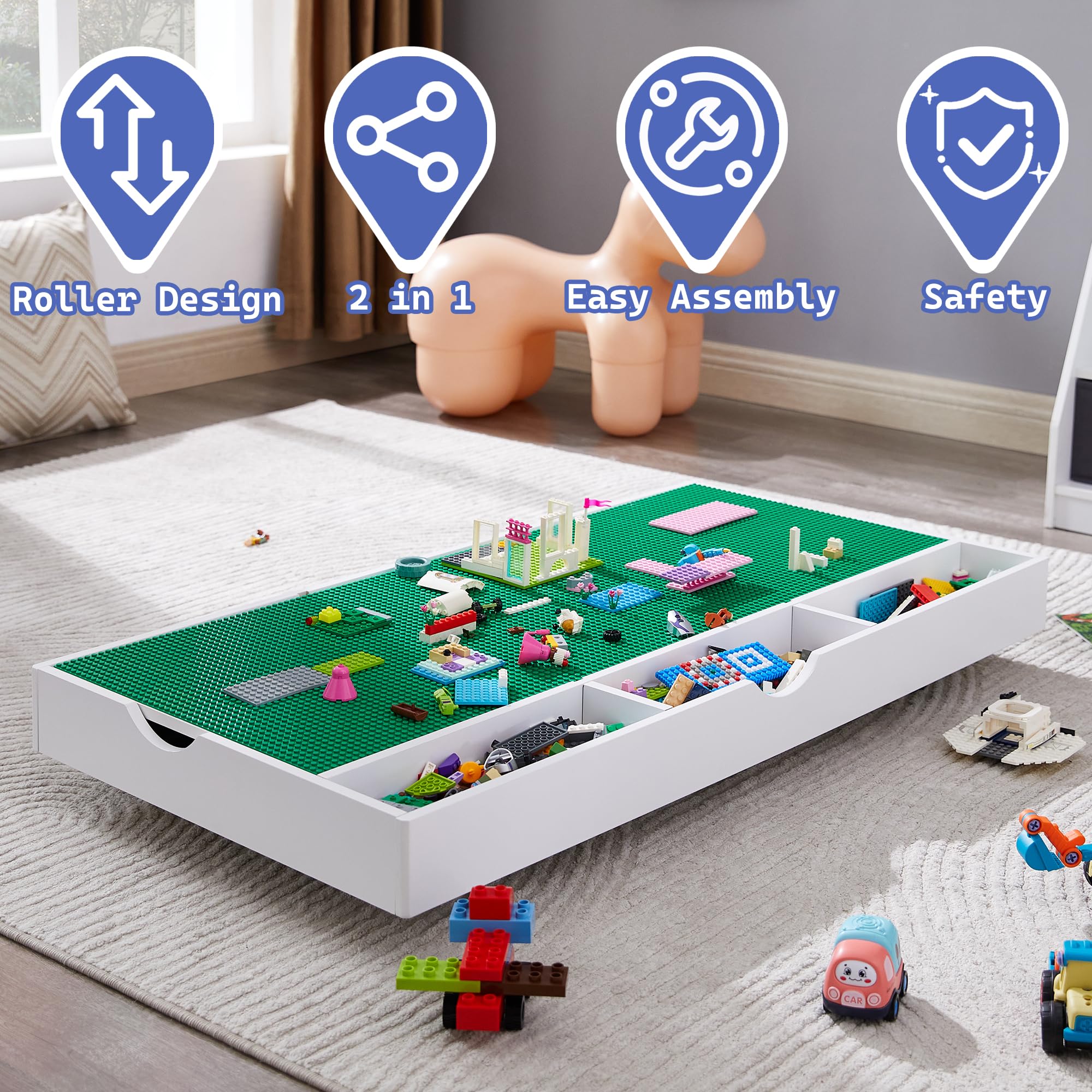 2 in 1 Construction Play Table Compatible with Lego, Game Table with Block Board and Train Car, Rolling Game Table with Locking Wheels and Storage Space, Suitable for Storing Under Bed or Sofa (White)