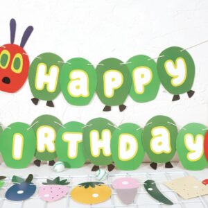 Hungry Caterpillar Happy Birthday Banner - Caterpillar Themed Birthday Party Decorations,Hungry Caterpillar Birthday Fruit Garland,Caterpillar Cake Smash Party Decor,First Birthday Photo Props