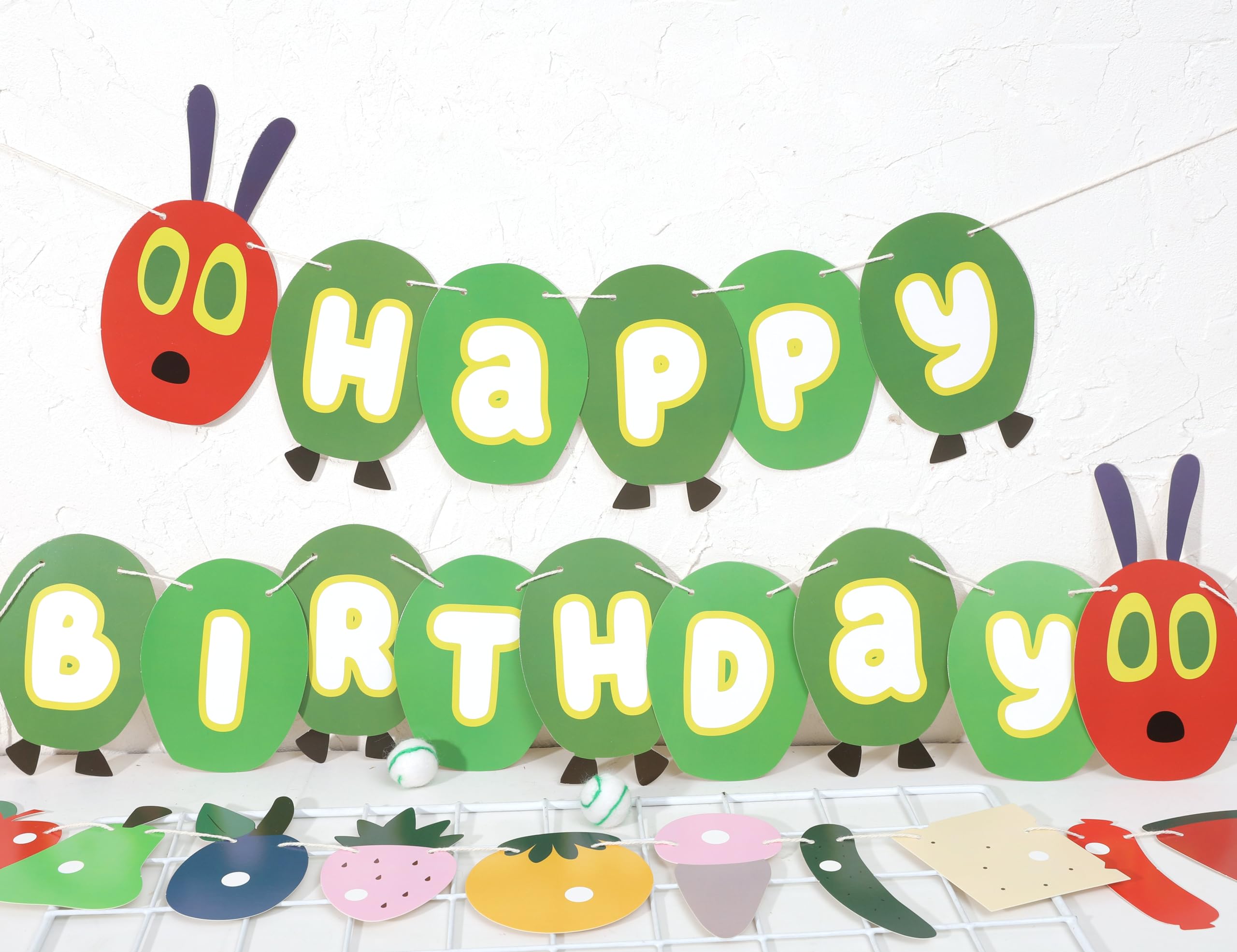 Hungry Caterpillar Happy Birthday Banner - Caterpillar Themed Birthday Party Decorations,Hungry Caterpillar Birthday Fruit Garland,Caterpillar Cake Smash Party Decor,First Birthday Photo Props