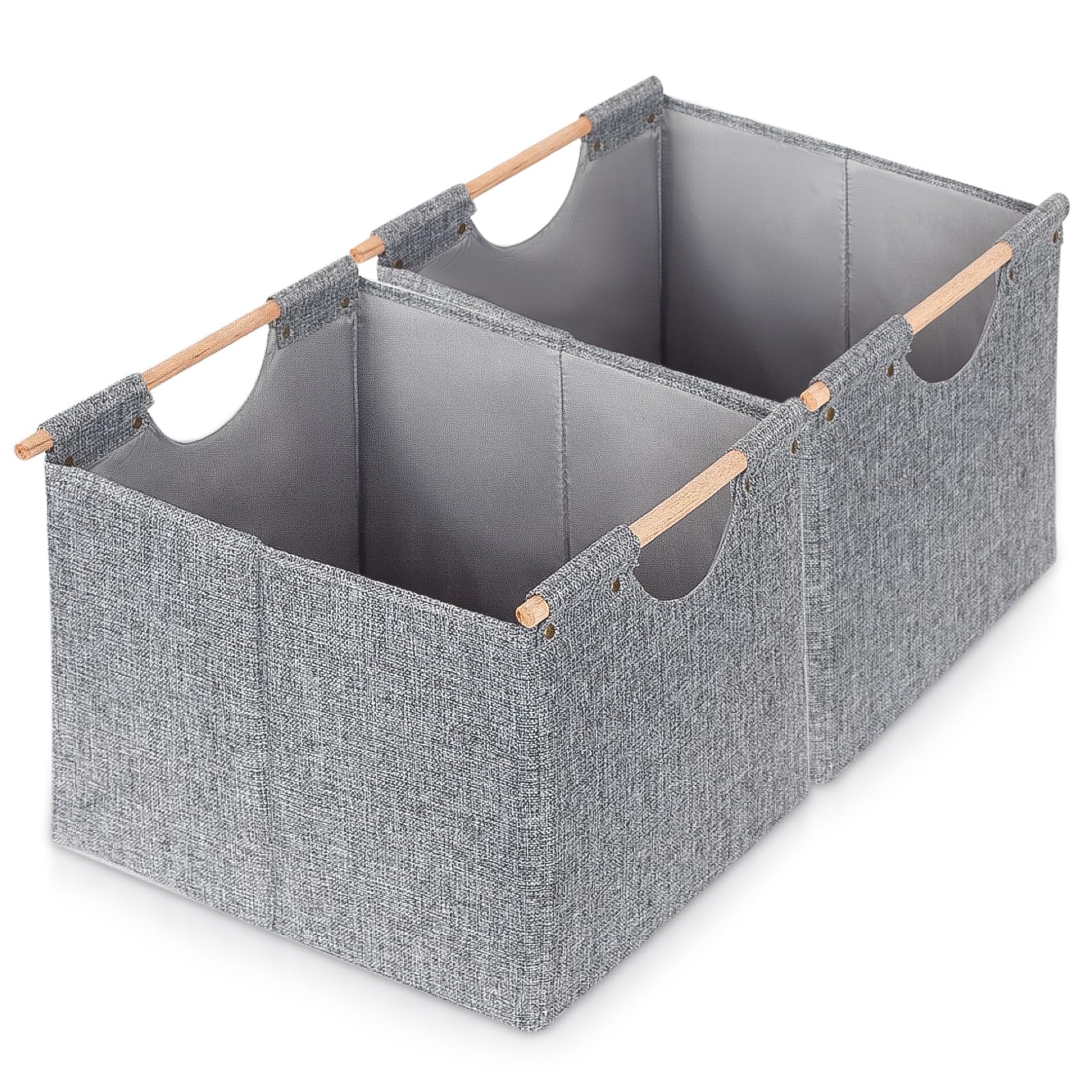 ShellKingdom Large Storage Bins, Foldable Linen Fabric Storage Baskets for Shelves, Cloth Storage Organizer Drawer for Closet Toys Storage with Wooden Handles for Home, Office, 12.59x14.96 inch, Grey