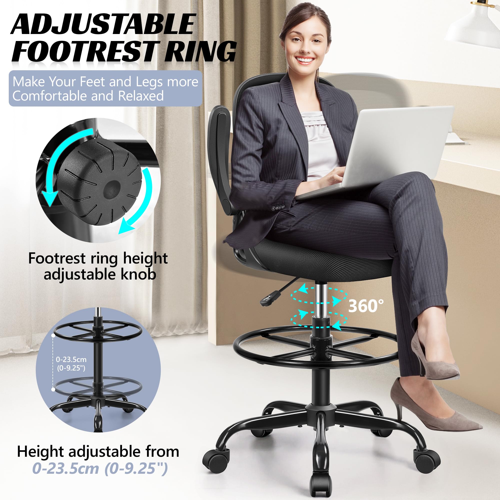 AtHope Drafting Chair, Tall Office Chair Ergonomic Standing Desk Chair,with Adjustable Footrest Ring, 3D Lumbar Support, Flip-up Armrests, Swivel Desk Stool for Drawing Working (Black)