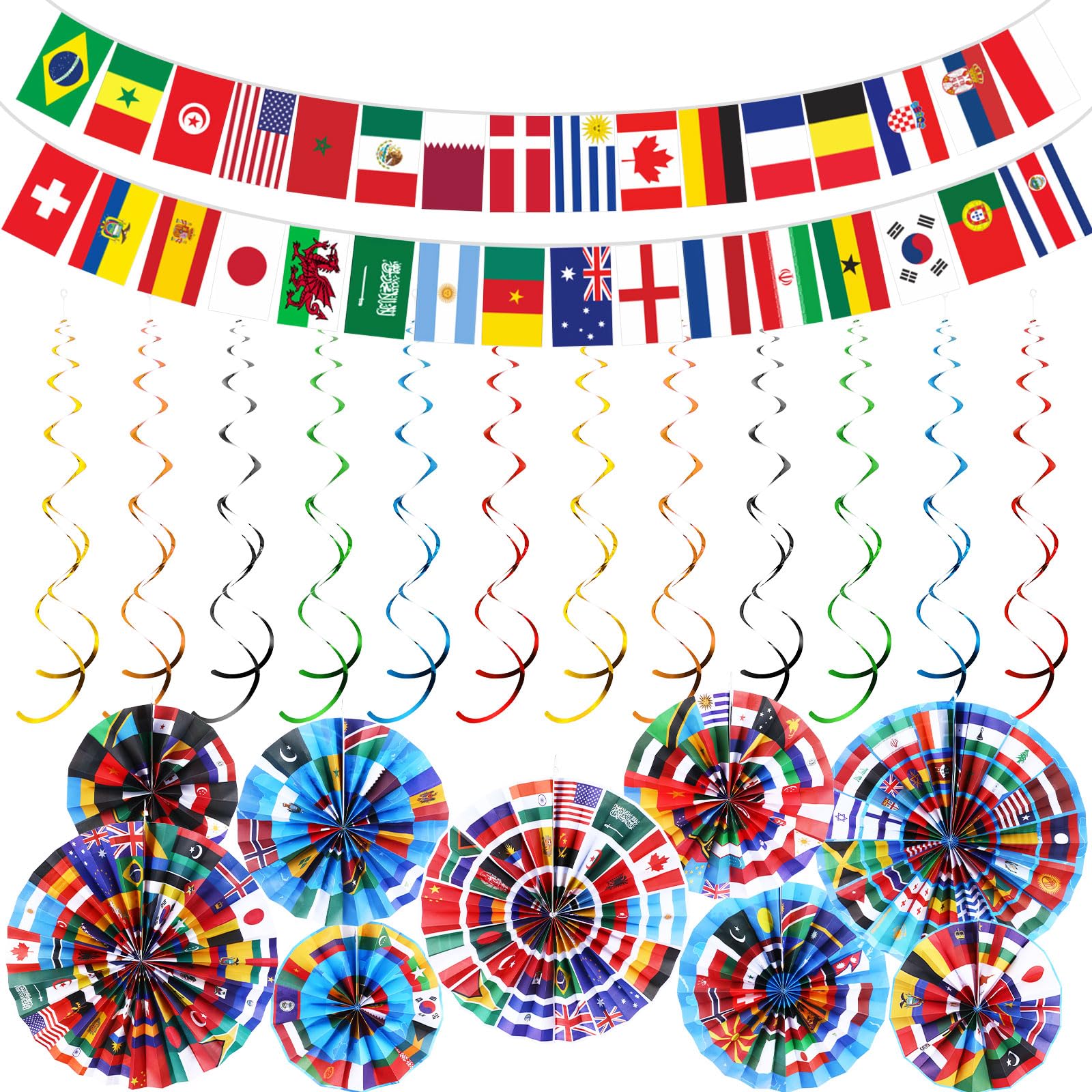 Outus 22 Pcs International World Flags Decorations Paper Fans World Flags Banner International Flag Hanging Swirls for Garland Ceilings School Office Party Decorations Supplies