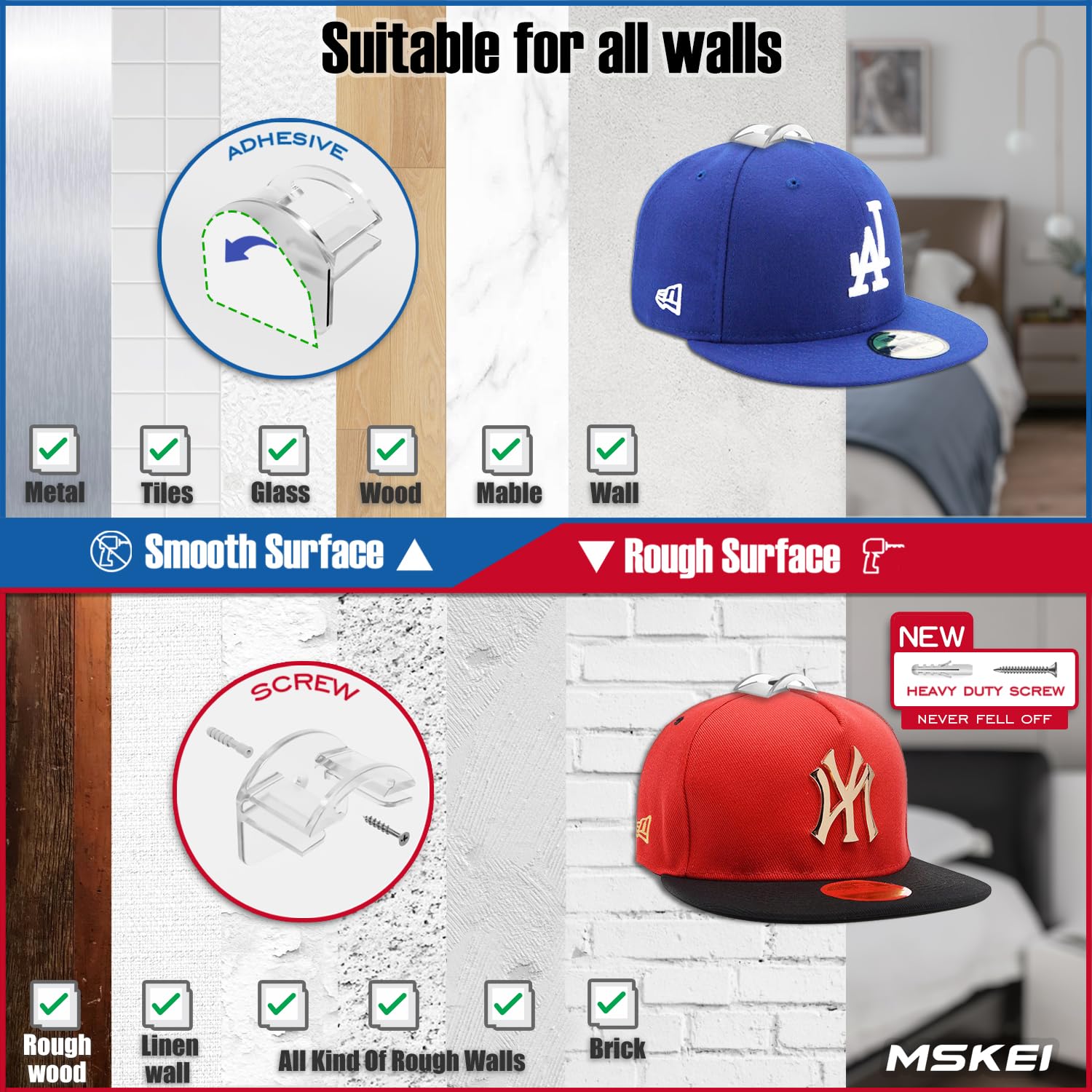 MSKEI Hat Hooks for Wall - 2 Different Ways Hat Racks & Display Baseball Caps, Adhesive Hat Wall Hanger, Hat Organizer Holder (Transparent, 12 Pack)