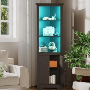 ChooChoo Tall Corner Storage Cabinet with LED Lights, 5-Tier Corner Bookshelf Stand with Barn Doors, 66.9" Gothic Corner Display Cabinet with Adjustable Shelf for Living Room, Gaming Room, Black