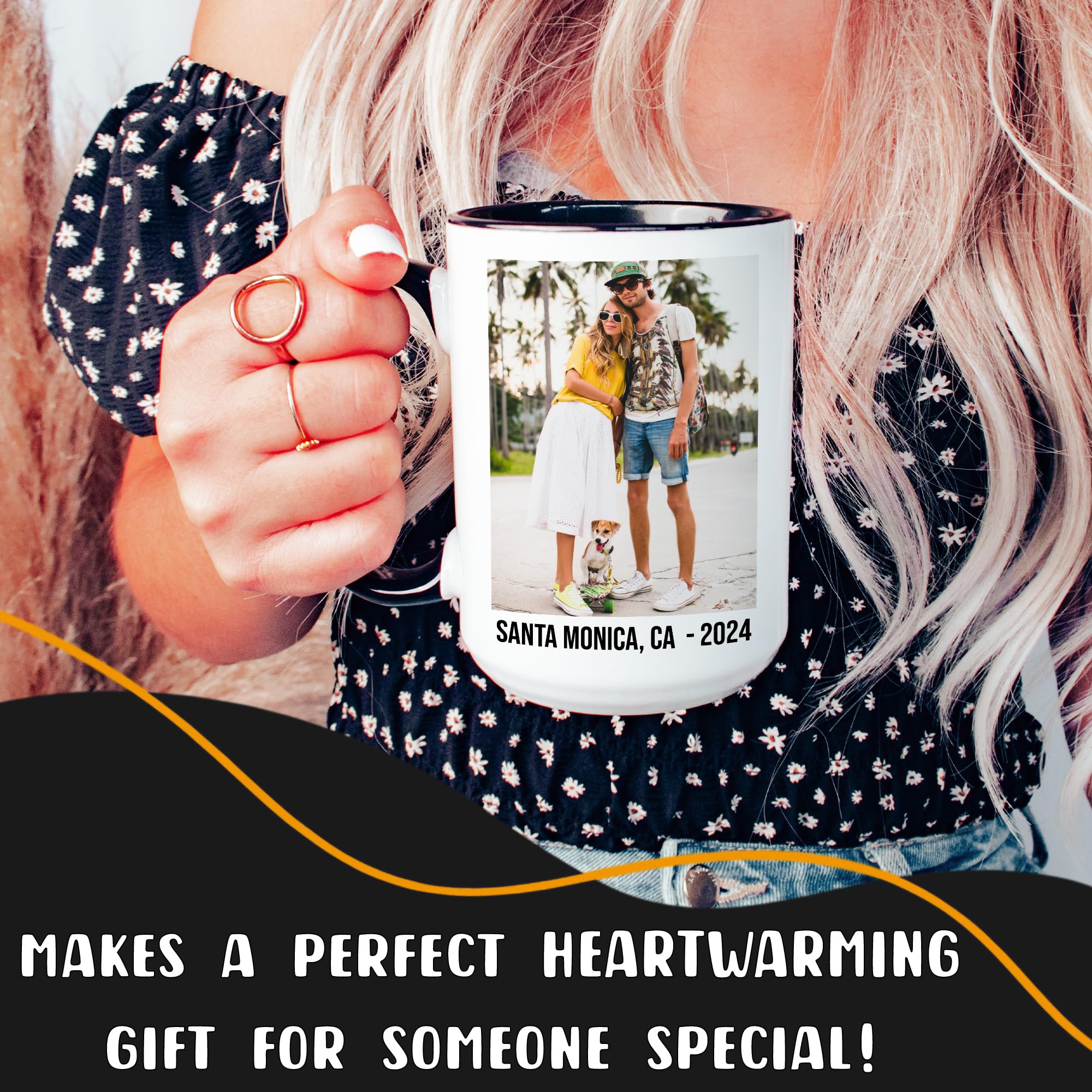 Giftbees Personalized Coffee Mug 15 Oz, Custom Picture Text or Logo Ceramic Mug, Customized Gift for Men & Women, Taza Personalizada with Photo and Words, Customizable Large Tea Cup | White - Black