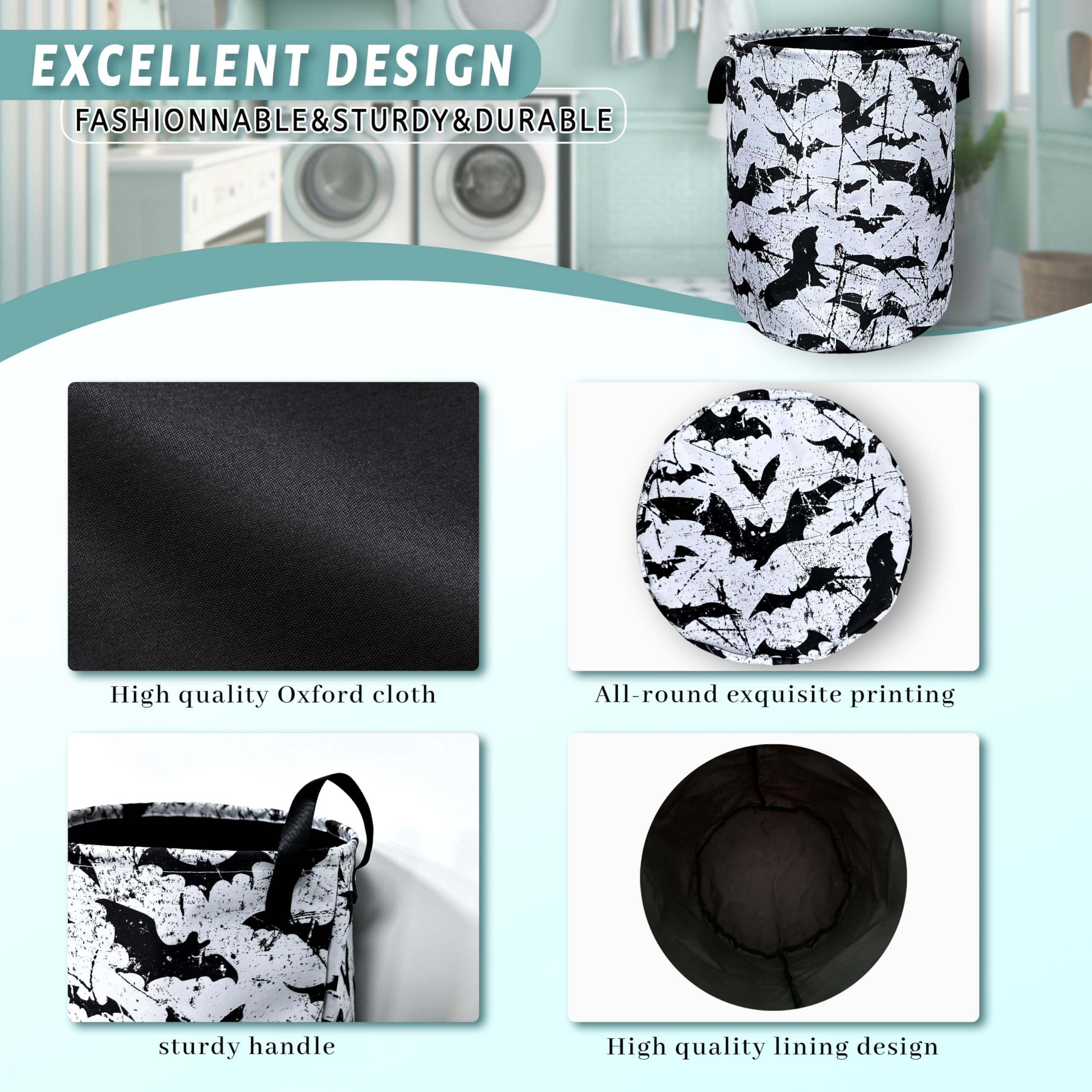 Black White Bats Laundry Basket Foldable With Handles Universal Tote Bag Oxford Cloth Funny Laundry Hamper 18.9" x 16.5" Clothes Storage Bucket Toy Organizer For Bathroom/Laundry/Bedroom