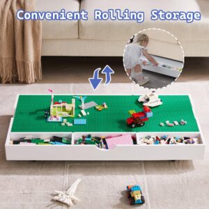 2 in 1 Construction Play Table Compatible with Lego, Game Table with Block Board and Train Car, Rolling Game Table with Locking Wheels and Storage Space, Suitable for Storing Under Bed or Sofa (White)