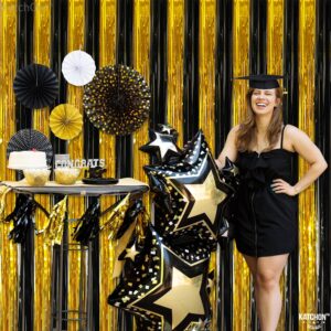 KatchOn, XtraLarge Black and Gold Streamers - 3.2x8 Feet, Pack of 2 | Happy New Year Backdrop for Happy New Year Decorations 2025 | Black and Gold Fringe Curtain for Black and Gold Party Decorations