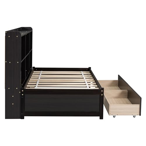 CABSETT Twin Size Daybed with Storage Drawers and Side Bookcase, Solid Wood Platform Bed Frame, Twin Sofa Bed for Bedroom Living Room, Espresso