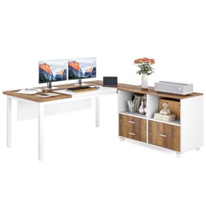 little tree 63-inch l-shaped executive computer desk and file cabinet, office desk with drawers filing cabinet,credenza desk set for home office