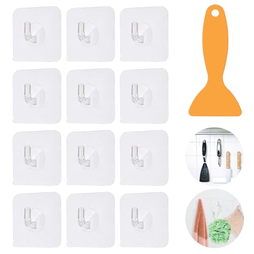 Sibba 12Pcs Adhesive Utility Hooks Wall Heavy Duty Large Hooks Self Sticky Hook Clear Strips Hooks Hanging Utility Hooks Home Storage Hook for The Drill Avoid Sticky Strips Fit Home, Bath, Kitchen