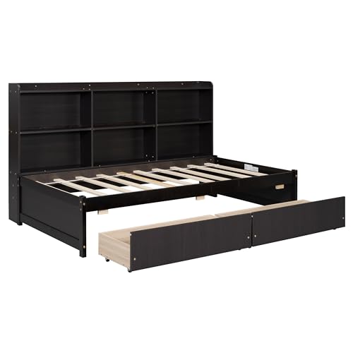 CABSETT Twin Size Daybed with Storage Drawers and Side Bookcase, Solid Wood Platform Bed Frame, Twin Sofa Bed for Bedroom Living Room, Espresso